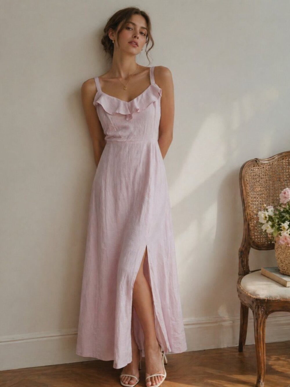 Old Navy Linen Blend Ruffle Trimmed Maxi Cami Dress Sz L Lined Pink ShirredBack